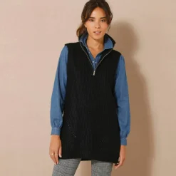 Pull tunique en côte sans manches, col montant zippé