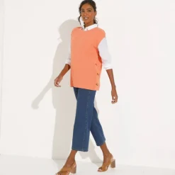 Pull-tunique sans manches à boutons effet corne, maille fantaisie