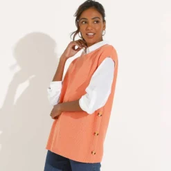 Pull-tunique sans manches à boutons effet corne, maille fantaisie