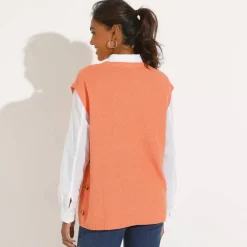 Pull-tunique sans manches à boutons effet corne, maille fantaisie