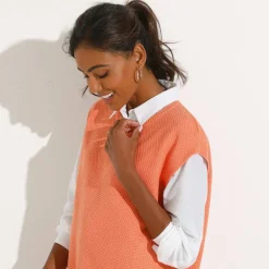 Pull-tunique sans manches à boutons effet corne, maille fantaisie