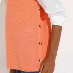 Pull-tunique sans manches à boutons effet corne, maille fantaisie