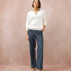Pull uni col tunisien boutonné