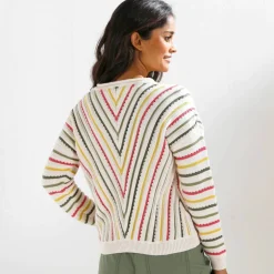 Pull V maille fantaisie, rayures graphiques
