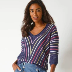 Pull V maille fantaisie, rayures graphiques