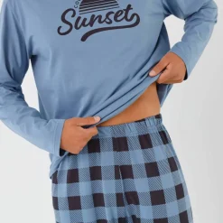 Pyjama coton carreaux manches longues