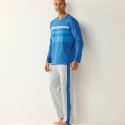 Pyjama coton rayures placées col rond