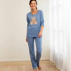 Pyjama en coton motif placé ourson manches longues