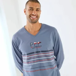 Pyjama long col V manches longues coton adouci