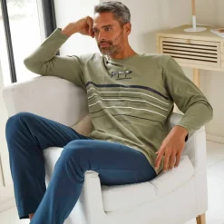 Pyjama long col V manches longues coton adouci