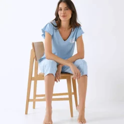 Pyjama pantacourt motif soleil et imprimé rayé