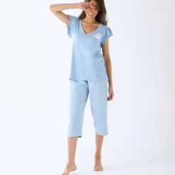 Pyjama pantacourt motif soleil et imprimé rayé