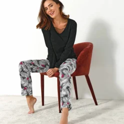 Pyjama pantalon empiècement plumetis - imprimé tropical