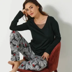 Pyjama pantalon empiècement plumetis - imprimé tropical