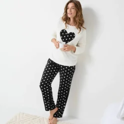 Pyjama pantalon en polaire toucher peluche, motif coeur et pois