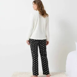 Pyjama pantalon en polaire toucher peluche, motif coeur et pois