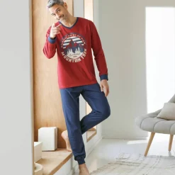 Pyjama pantalon jersey, col V contrasté