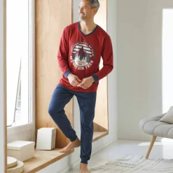 Pyjama pantalon jersey, col V contrasté