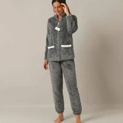 Pyjama pantalon polaire, avec veste zippée à pompons