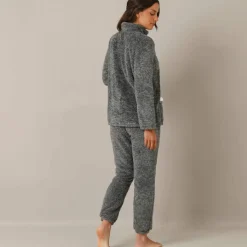 Pyjama pantalon polaire, avec veste zippée à pompons