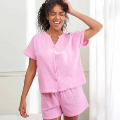 Pyjama short boutonné en gaze de coton