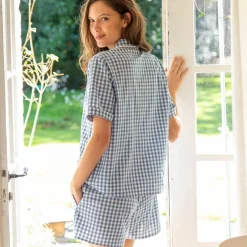 Pyjama short col tailleur coton à carreaux tissés teints