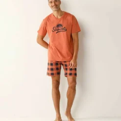 Pyjama short coton carreaux manches courtes