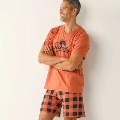 Pyjama short coton carreaux manches courtes