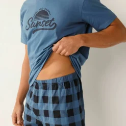 Pyjama short coton carreaux manches courtes