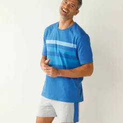 Pyjama short coton rayures placées col rond