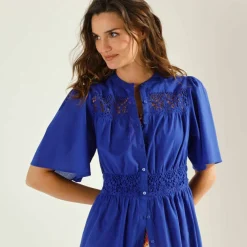 Robe boutonnée macramé, manches coudes évasées