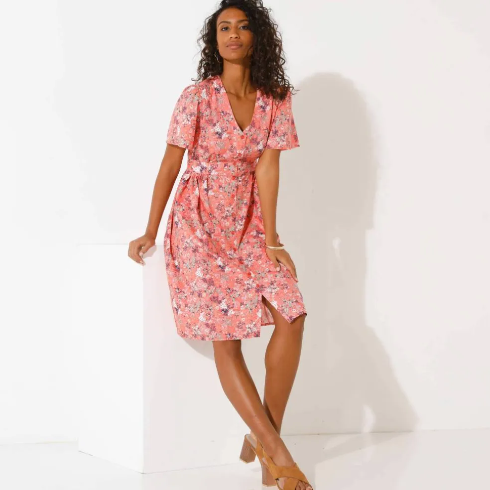 Robe boutonnée manches "papillon" imprimée