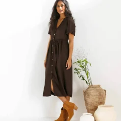 Robe boutonnée unie, manches courtes