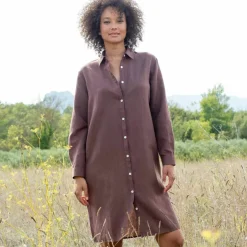 Robe chemise en coton-lin, manches retroussables