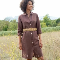 Robe chemise en coton-lin, manches retroussables
