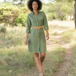 Robe chemise en coton-lin, manches retroussables