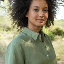 Robe chemise en coton-lin, manches retroussables