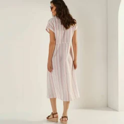 Robe chemise rayée, manches courtes, coton fils tissés teints