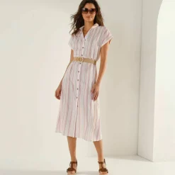 Robe chemise rayée, manches courtes, coton fils tissés teints