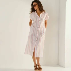 Robe chemise rayée, manches courtes, coton fils tissés teints