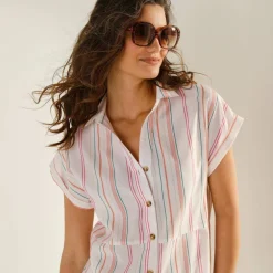 Robe chemise rayée, manches courtes, coton fils tissés teints