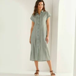Robe chemise rayée, manches courtes, coton fils tissés teints