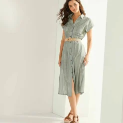 Robe chemise rayée, manches courtes, coton fils tissés teints