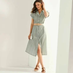 Robe chemise rayée, manches courtes, coton fils tissés teints