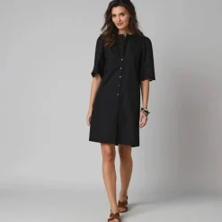 Robe-chemisier en coton uni, à manches coudes en broderies anglaises