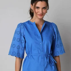 Robe-chemisier en coton uni, à manches coudes en broderies anglaises