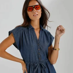 Robe chemisier en jean, manches courtes
