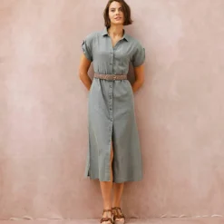 Robe-chemisier longue en jean, manches courtes
