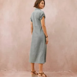 Robe-chemisier longue en jean, manches courtes