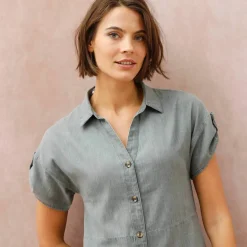 Robe-chemisier longue en jean, manches courtes